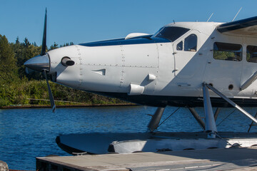A floatplane moored to a pier on a sunny summer day