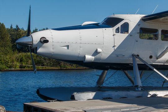 A floatplane moored to a pier on a sunny summer day