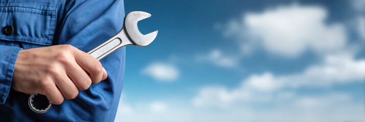 Mechanic in blue uniform holding wrench against cloudy sky, close up of hand gripping metal tool conveying work readiness and focus