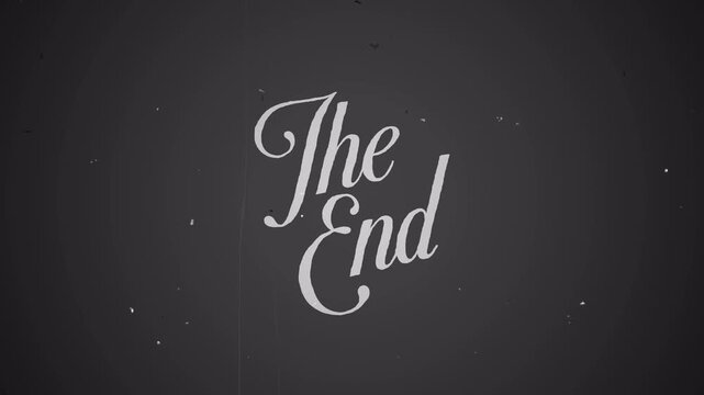 The end text animation. Handwritten calligraphy text with retro grain. Dark background. 4k video
