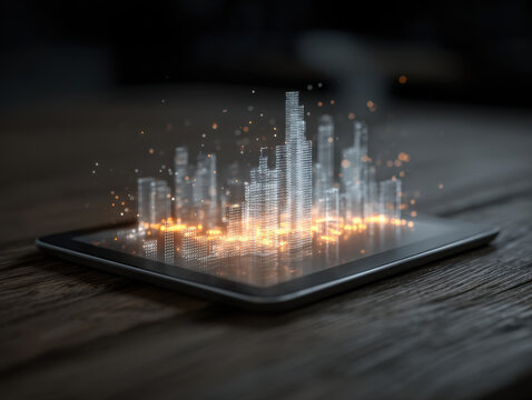 Tablet hologram city skyline glowing data visualization on screen, tablet hologram city skyline glowing data visualization on screen - Powered by Adobe