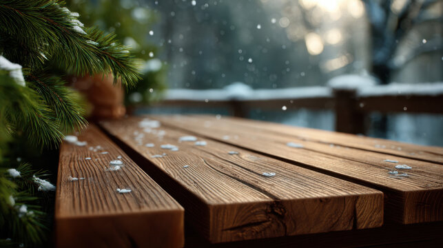 Wood table snow pine branch shallow depth outdoor winter morning wooden plank snowfall bokeh cozy - Powered by Adobe