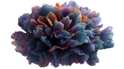 Abstract exploding flower texture in vibrant colors, digital art with soft hairy petals, light blue, purple, orange