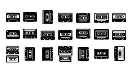 Retro Audio Cassette Tapes Vector Illustration Black and White Compilation Collection