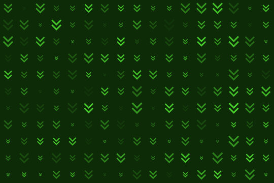 Abstract dark green background with a seamless repeating pattern of varying light green double chevron down arrows, symbolizing digital data flow and modern technology.