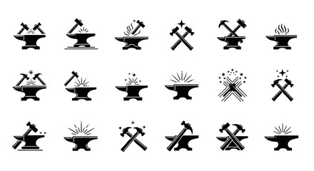 Set of twenty silhouettes of anvil and hammer forging for logo concept  blacksmithing and metal