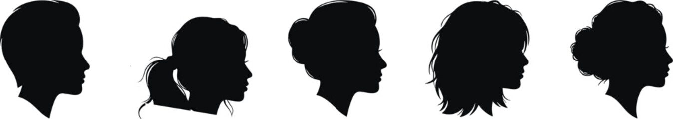 Silhouette, profile, hairstyle, diversity, black, head, ponytail, bun, wavy, curly, updo, people, woman, man, style, fashion, identity, beauty, haircuts, illustration