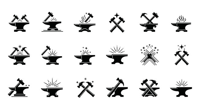 Set of twenty silhouettes of anvil and hammer forging for logo concept  blacksmithing and metal