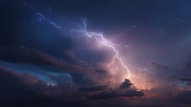 Dramatic lightning bolt forks across stormy night sky illuminating towering thunderclouds with violet and orange glow, creating powerful atmospheric scene of raw natural energy - Powered by Adobe