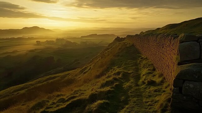 Sunrise over Hadrian's Wall, England; ancient stone structure on a hilltop; misty valley landscape; historical travel photography - Powered by Adobe