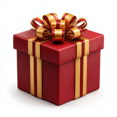 Obraz premium Red gift box with golden ribbon bow festive present wrapped for celebration and holiday joy, elegant textured paper and luxurious metallic ribbon enhance cheerful mood