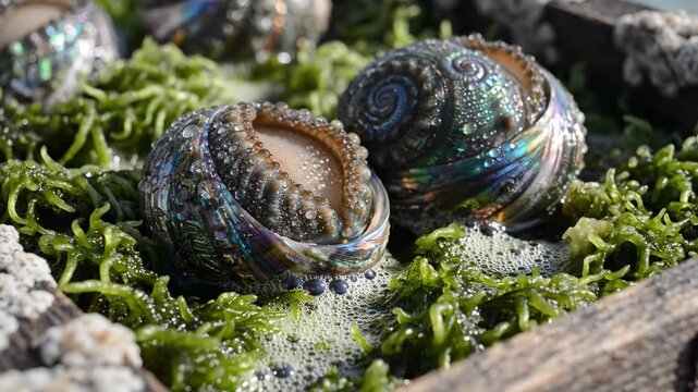 Abalone shells adorned with iridescent hues and water droplets sit amongst vivid green seaweed and foamy water in a rustic wooden crate