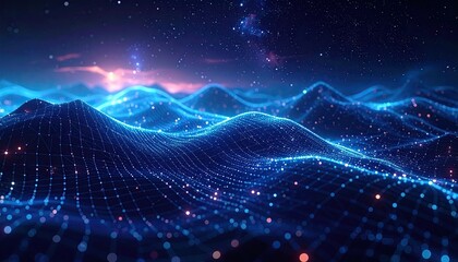 Digital rendering of a blue, undulating grid under a starry, twilight sky
