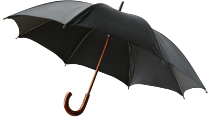 Black umbrella with classic wooden handle protecting from rain and bad weather, cut out on transparent background