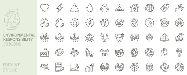 Environmental responsibility icon set. Sustainability, eco-friendly, green energy, recycling, carbon footprint, renewable resources, conservation icons. Thin line editable stroke vector illustrations