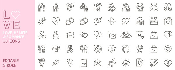 Love, Wedding and Valentine's Day Line Icons. Romance, hearts, dating and relationships vector icon set for couples and marriage.