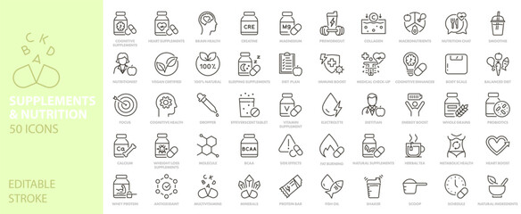 Supplement, nutrition and vitamin vector icons. Gym nutrition, dietary supplements, medical health, pharmacy, herbal medicine, wellness vector line icon set. Editable stroke
