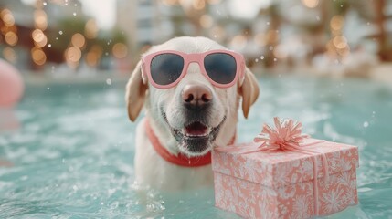 Summer pet lifestyle visual for holiday promotions, gift advertising, travel branding and playful marketing content. Strong commercial asset for product packaging, celebration campaigns and digital