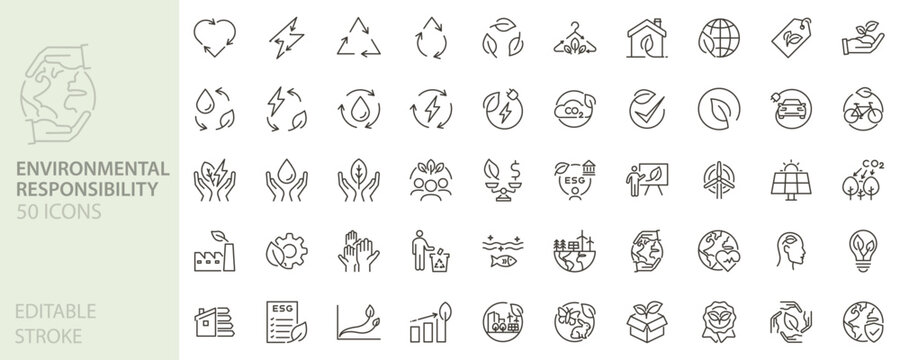 Fototapeta Environmental responsibility icon set. Sustainability, eco-friendly, green energy, recycling, carbon footprint, renewable resources, conservation icons. Thin line editable stroke vector illustrations