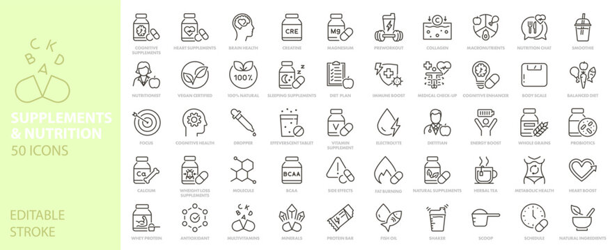 Supplement, nutrition and vitamin vector icons. Gym nutrition, dietary supplements, medical health, pharmacy, herbal medicine, wellness vector line icon set. Editable stroke