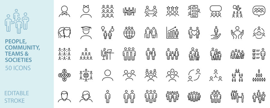 Fototapeta People, community and social network icons. Business team, management, user avatar, human resources, family and crowd vector line icon set. Editable stroke
