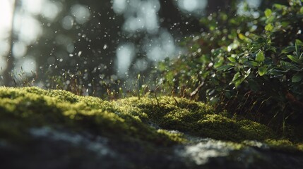 Enchanting woodland vista of radiant moss and ephemeral water droplets in nature