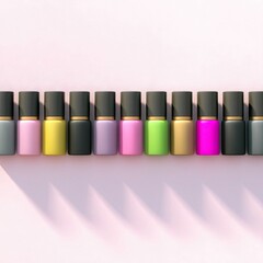 Colorful Nail Polish Bottles in a Row on Pink Background