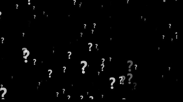 Gray and White Question Marks Floating on a Black Background Keywords: question mark, gray, white, symbol, query, confusion, mystery, unknown, doubt, inquiry, problem, solution, search