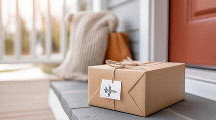 Delivery box placed at a doorstep illustrates ecommerce logistics, shipping services, home delivery marketing and online retail fulfillment. The cardboard package supports advertising for courier 