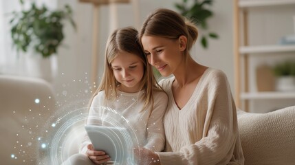 Family technology, online learning and digital interaction shown through a European mother and daughter using a tablet with graphic overlays. Education support, parental assistance and smart device