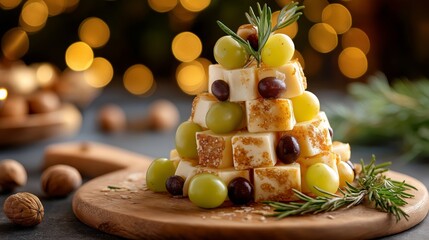 Savory cheese and grape holiday tree offers high-value food marketing for catering visuals, festive appetizers, and Christmas entertaining campaigns. Strong commercial relevance for retail promotions