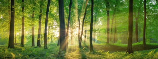 Obraz premium Sunlight beams shining through a lush green forest in spring