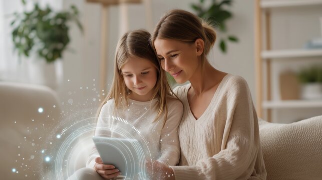 Family technology, online learning and digital interaction shown through a European mother and daughter using a tablet with graphic overlays. Education support, parental assistance and smart device - Powered by Adobe