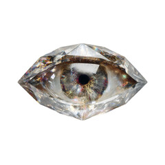 Diamond shaped gemstone reflecting a detailed human eye isolated on transparent background