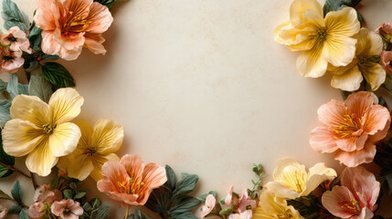 Soft pastel floral frame with yellow and peach blossoms arranged around neutral textured background, evoking gentle springtime warmth and delicate botanical elegance