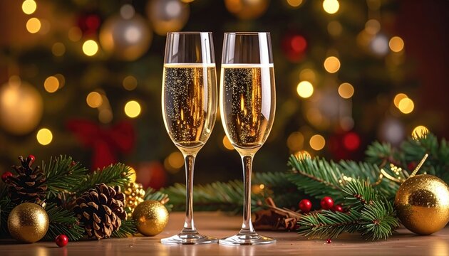 Two champagne flutes sparkle against a festive backdrop of holiday lights and greenery - Powered by Adobe