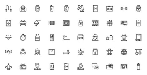 Fitness and Gym icon set. Vector illustration pack. ncludes symbols for dumbbel, smartwatch, heart rate,gym bag, protein shake, caendar, equipment and more.