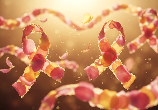 Delicate floral awareness ribbons gently float amidst golden light streams