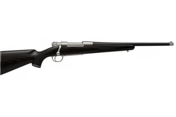 Bolt action rifle featuring a black synthetic stock and silver metal components, ready for hunting, sport, and target shooting