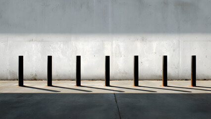 A row of metal posts casting alternating dark-light shapes on concrete forming minimal rhythmic motif