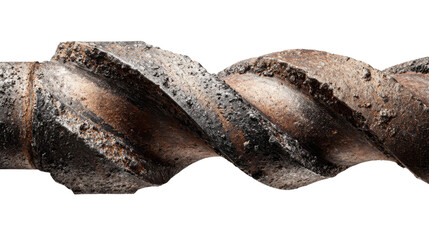 Close-up of dirty, rusty old drill bit, showing metal spiral flutes on transparent background