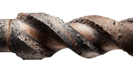 Close-up of dirty, rusty old drill bit, showing metal spiral flutes on transparent background