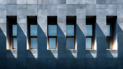 A series of repeating windows casting crisp rectangular reflections creating minimal structural pattern