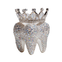 Sparkling diamondencrusted molar tooth sculpture wearing a crown isolated on transparent background