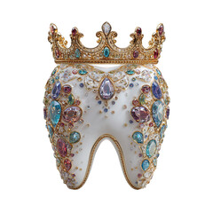 Ornate jeweled tooth sculpture wearing a golden crown isolated on transparent background