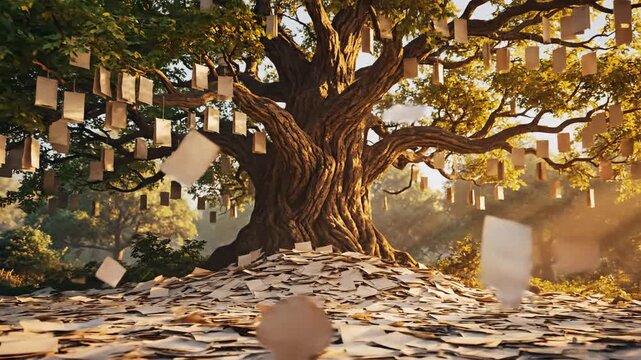 Ancient Tree of Knowledge with Falling Pages and Scrolls, Symbolizing Wisdom and Storytelling.