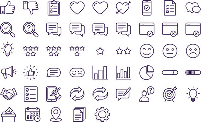 User interface icons, feedback symbols, data visualization, outline style, blue theme, UX elements, analytics, communication, rating, chart, mobile, interaction