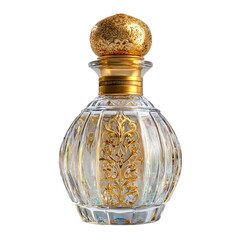 Ornate vintage glass perfume bottle with gold accents isolated on transparent background