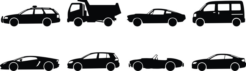 Vehicle silhouettes, police car, dump truck, sports car, minivan, luxury car, hatchback, convertible, sedan, transportation types, side profile ©  jahanara