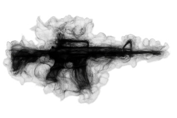 Obraz premium Assault rifle silhouette forming from dark smoke and particles on transparent background, representing conflict and danger